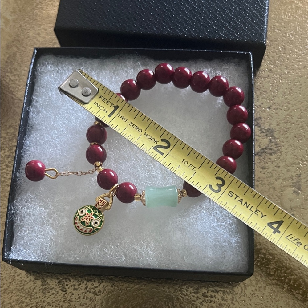 #1466** Natural Sand Cinnabar Beaded W/ Green Dragon Face Gold Plated Bracelet - Picture 4 of 9